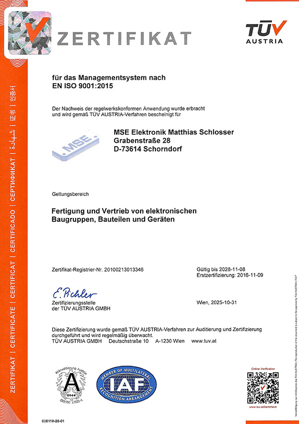 Zertifikat MSE Elektronik EN ISO 9001:2015